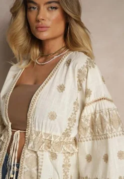 Beżowa Narzutka z Bawełną Wiskozą Haftem i Metaliczną Nicią Silhiria