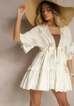 Beżowa Narzutka z Bawełną Wiskozą Haftami i Metaliczną Nicią Milhira