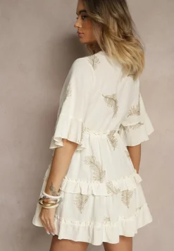 Beżowa Narzutka z Bawełną Wiskozą Haftami i Metaliczną Nicią Milhira