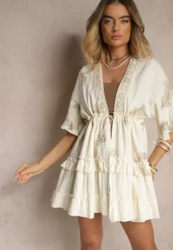 Beżowa Narzutka z Bawełną Wiskozą Haftami i Metaliczną Nicią Milhira