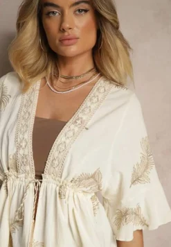 Beżowa Narzutka z Bawełną Wiskozą Haftami i Metaliczną Nicią Milhira