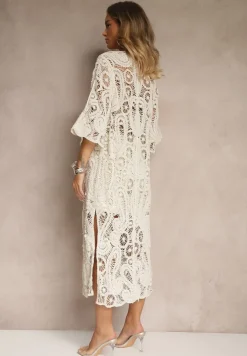 Beżowa Narzutka z Bawełny z Ażurowym Wzorem Kolorissa