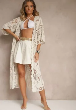 Beżowa Narzutka z Bawełny z Ażurowym Wzorem Kolorissa