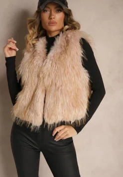 Beżowa Niezapinana Kamizelka Futerko Heleeti