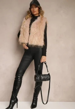 Beżowa Niezapinana Kamizelka Futerko Heleeti