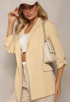 Beżowa Niezapinana Marynarka z Rękawami 3/4 i Kieszeniami na Klapy Farsana