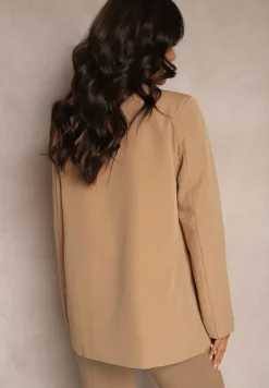 Beżowa Niezapinana Marynarka o Prostym Kroju z Imitacją Kieszeni i Podszewką w Cętki Sartea