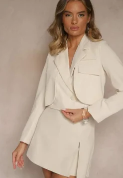 Beżowa Nowoczesna Marynarka o Jednorzędowym Fasonie z Poduszkami w Ramionach Selisaria