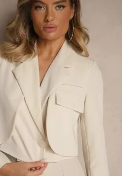 Beżowa Nowoczesna Marynarka o Jednorzędowym Fasonie z Poduszkami w Ramionach Selisaria
