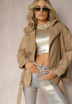 Beżowa Oversizowa Kurtka Ramoneska w Motocyklowym Stylu z Ekoskóry Leonidia