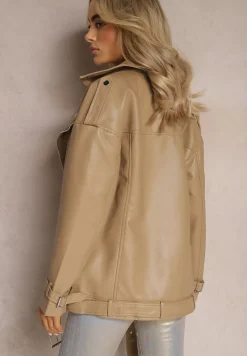 Beżowa Oversizowa Kurtka Ramoneska w Motocyklowym Stylu z Ekoskóry Leonidia