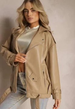 Beżowa Oversizowa Kurtka Ramoneska w Motocyklowym Stylu z Ekoskóry Leonidia