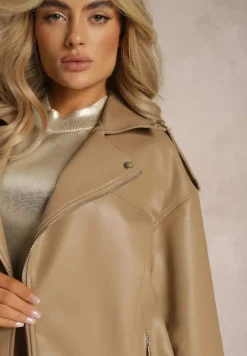 Beżowa Oversizowa Kurtka Ramoneska w Motocyklowym Stylu z Ekoskóry Leonidia