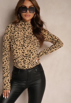 Beżowa Panterkowa Bawełniana Bluzka Golf Hesliae