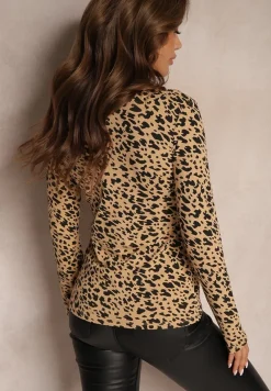 Beżowa Panterkowa Bawełniana Bluzka Golf Hesliae