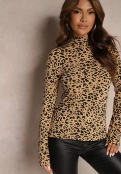 Beżowa Panterkowa Bawełniana Bluzka Golf Hesliae