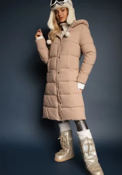 Beżowa Pikowana Długa Kurtka Płaszcz z Kapturem i Napami Tisima