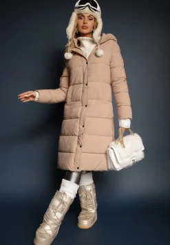 Beżowa Pikowana Długa Kurtka Płaszcz z Kapturem i Napami Tisima