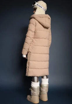 Beżowa Pikowana Długa Kurtka Płaszcz z Kapturem i Napami Tisima