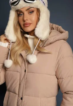 Beżowa Pikowana Długa Kurtka Płaszcz z Kapturem i Napami Tisima