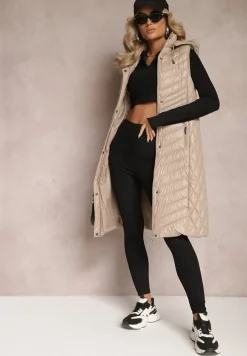 Beżowa Pikowana Kamizelka przed Kolano z Kapturem Mirvela