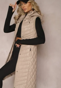 Beżowa Pikowana Kamizelka przed Kolano z Kapturem Mirvela
