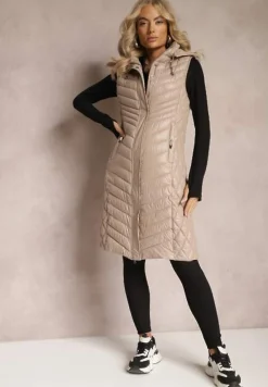 Beżowa Pikowana Kamizelka przed Kolano z Kapturem Mirvela