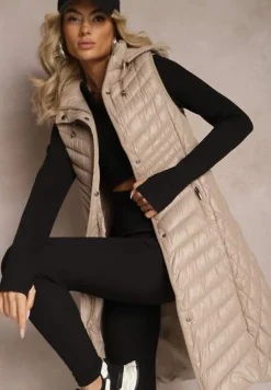 Beżowa Pikowana Kamizelka przed Kolano z Kapturem Mirvela