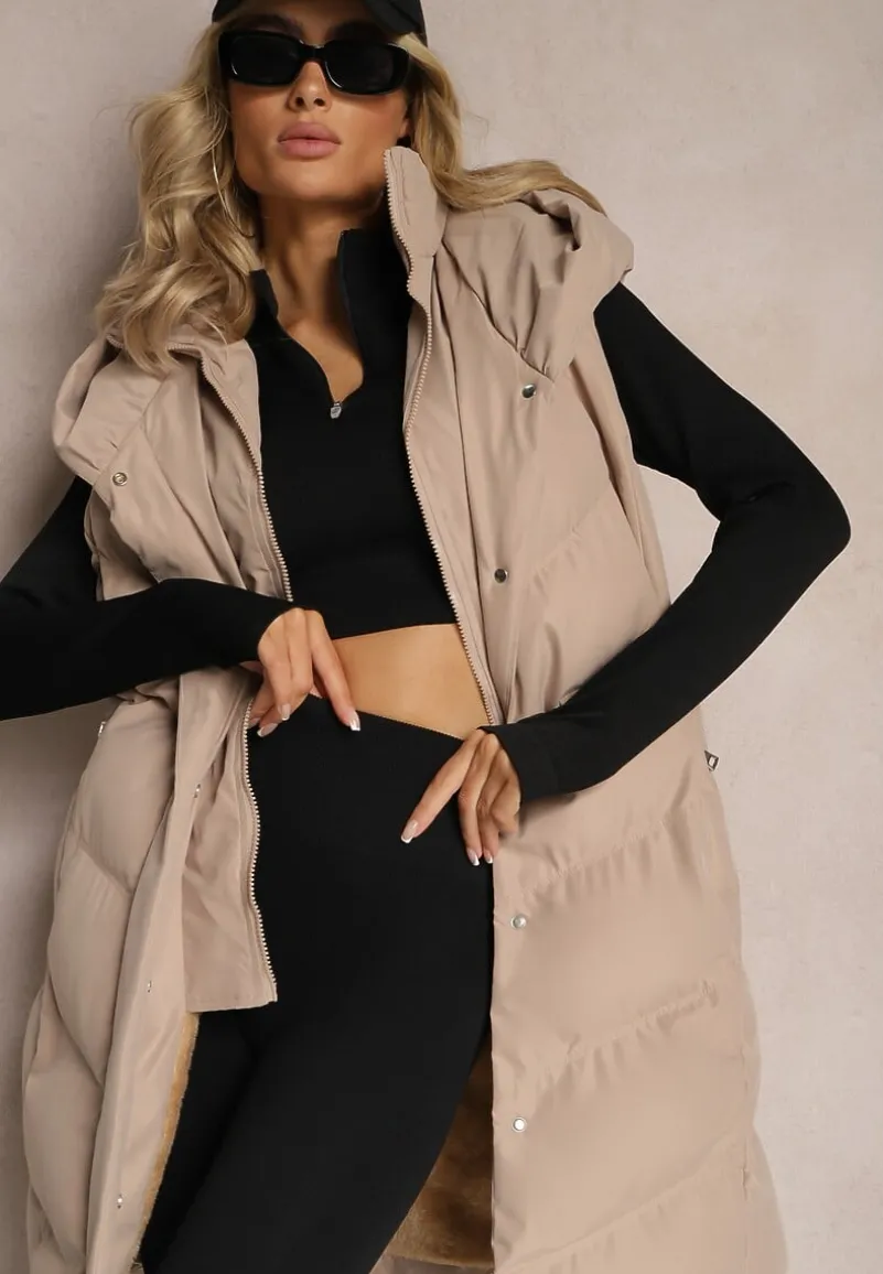 Beżowa Pikowana Kamizelka z Kapturem Roobani