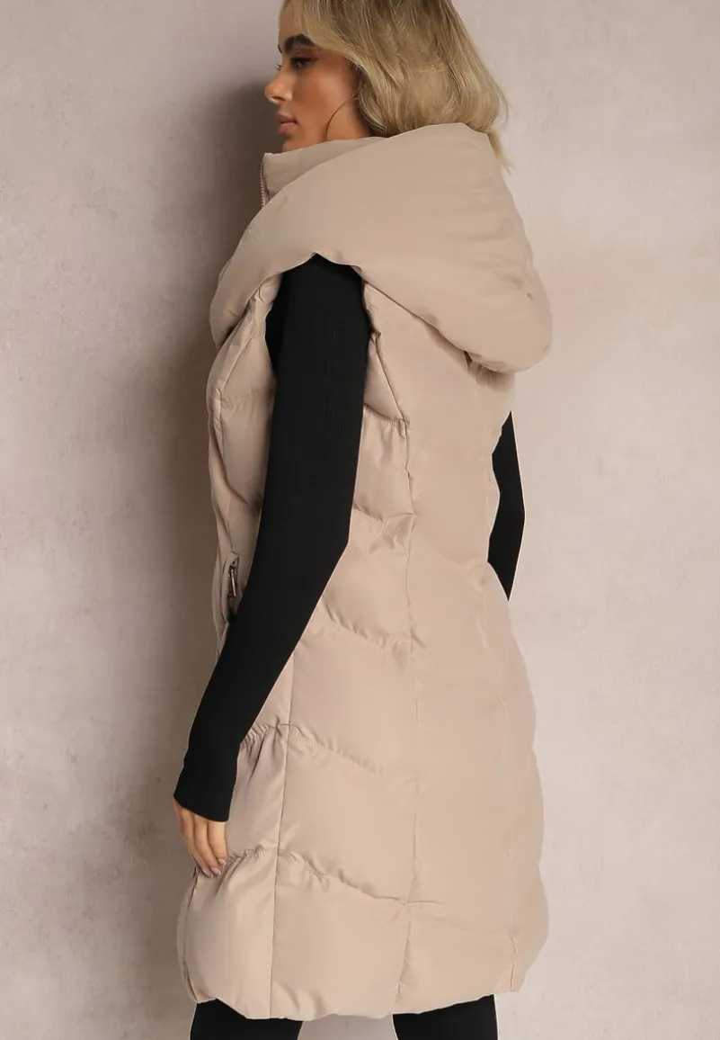 Beżowa Pikowana Kamizelka z Kapturem Roobani