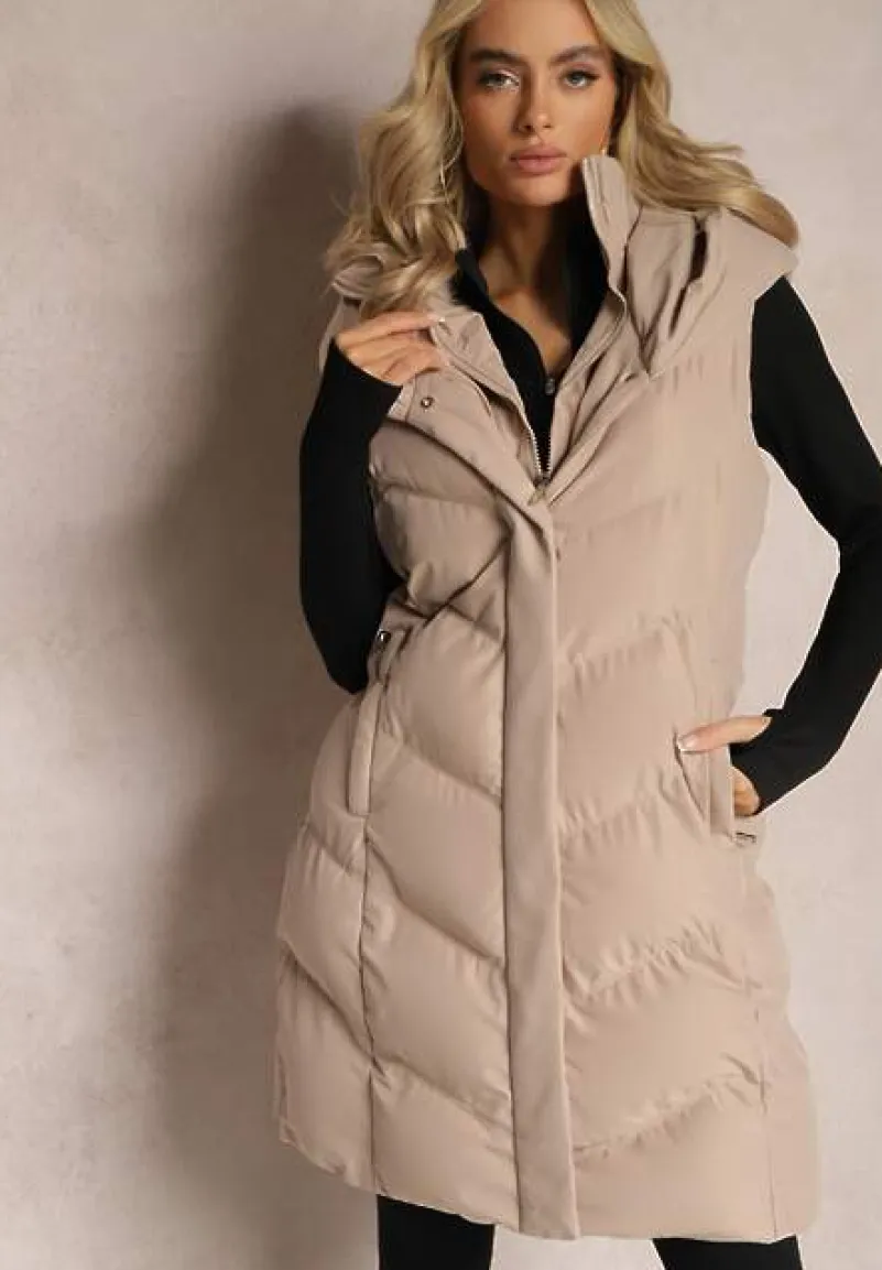 Beżowa Pikowana Kamizelka z Kapturem Roobani