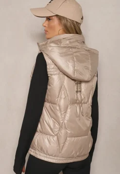 Beżowa Pikowana Kamizelka z Troczkami i Odpinanym Kapturem Arrelarra
