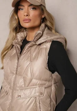 Beżowa Pikowana Kamizelka z Troczkami i Odpinanym Kapturem Arrelarra