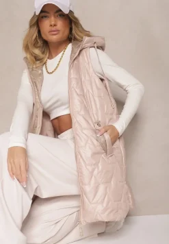 Beżowa Pikowana Kamizelka o Długim Kroju z Ozdobnymi Suwakami Desalith