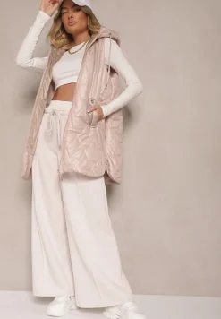 Beżowa Pikowana Kamizelka o Długim Kroju z Ozdobnymi Suwakami Desalith