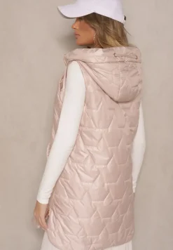 Beżowa Pikowana Kamizelka o Długim Kroju z Ozdobnymi Suwakami Desalith