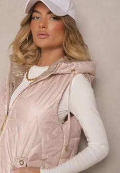 Beżowa Pikowana Kamizelka o Długim Kroju z Ozdobnymi Suwakami Desalith