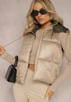 Beżowa Pikowana Kamizelka z Szerokim Kapturem Wivelle