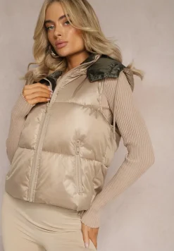 Beżowa Pikowana Kamizelka z Szerokim Kapturem Wivelle