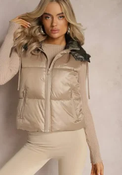 Beżowa Pikowana Kamizelka z Szerokim Kapturem Wivelle
