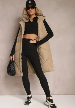 Beżowa Pikowana Kamizelka o Długim Kroju z Nieodpinanym Kapturem Naiarres