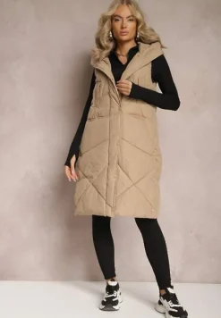 Beżowa Pikowana Kamizelka o Długim Kroju z Nieodpinanym Kapturem Naiarres