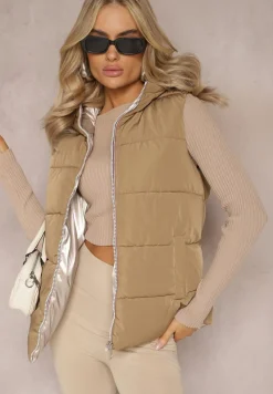 Beżowa Pikowana Kamizelka Bezrękawnik z Pikowanej i Dwustronnej Tkaniny Erinea