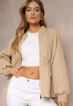 Beżowa Pikowana Kurtka Bomberka ze Ściągaczami Libbie