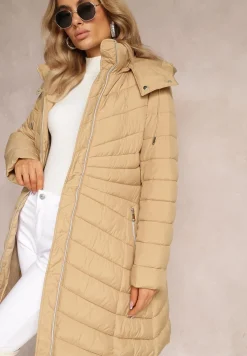Beżowa Pikowana Kurtka o Długim Fasonie z Odpinanym Kapturem Dakana