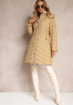 Beżowa Pikowana Kurtka o Długim Fasonie z Odpinanym Kapturem Dakana