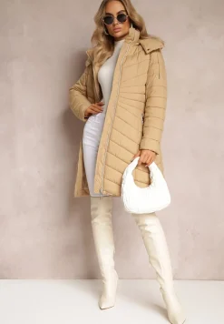 Beżowa Pikowana Kurtka o Długim Fasonie z Odpinanym Kapturem Dakana