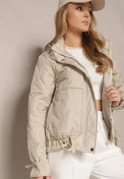 Beżowa Pikowana Kurtka z Kieszeniami i Odpinanym Kapturem Eranela