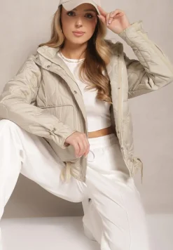 Beżowa Pikowana Kurtka z Kieszeniami i Odpinanym Kapturem Eranela