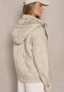 Beżowa Pikowana Kurtka z Kieszeniami i Odpinanym Kapturem Eranela